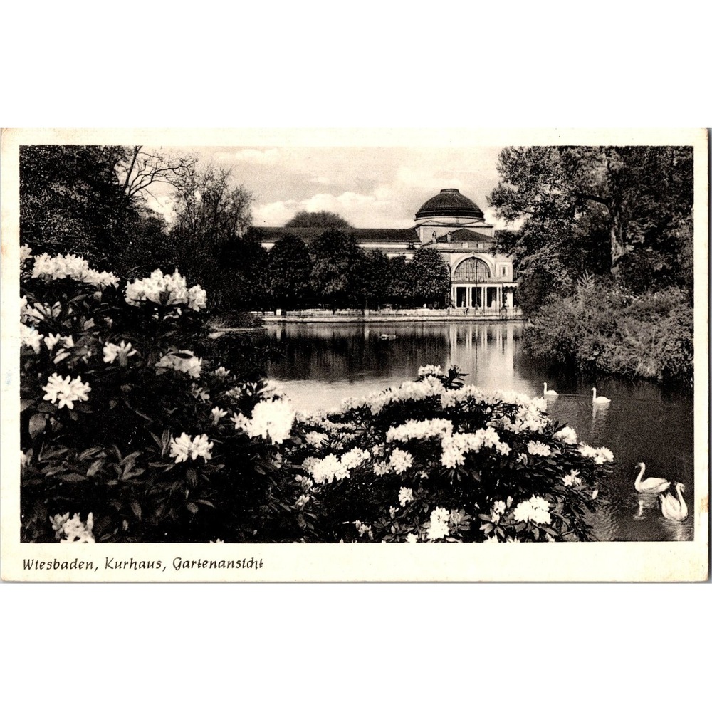 Vintage Wiesbaden‎ Kurhaus Garden View Black & White Postcard Germany